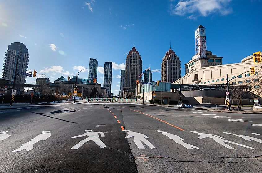 A view of the Celebration Square in Mississauga, Canada during lockdown