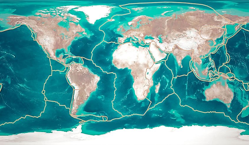 World map of tectonic plates which move constantly, making new areas of ocean floor, building mountains, causing earthquakes, and creating volcanoes.