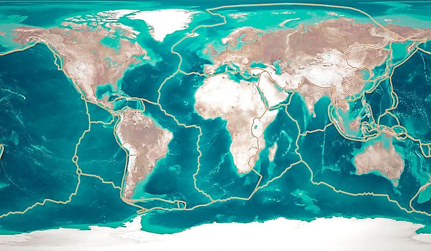 World map of tectonic plates which move constantly, making new areas of ocean floor, building mountains, causing earthquakes, and creating volcanoes.