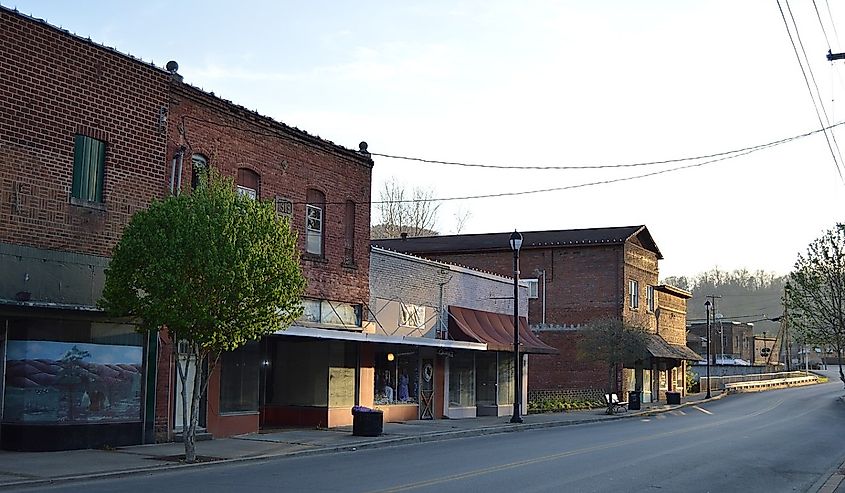 Buildings on the northern side of W. Main Street (Kentucky Route 179), seen looking east from Myers Street, in downtown Cumberland, Kentucky, United States