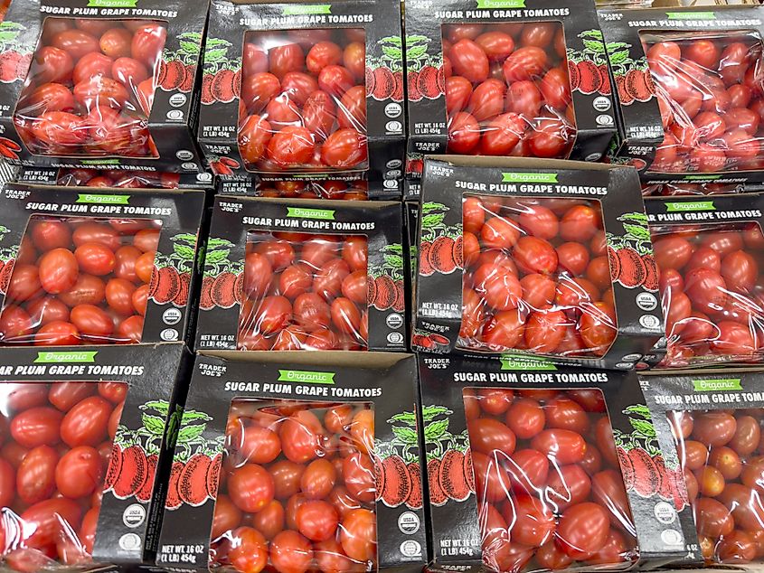 Los Angeles, California, United States: A view of several packages of Trader Joe's organic sugar plum grape tomatoes
