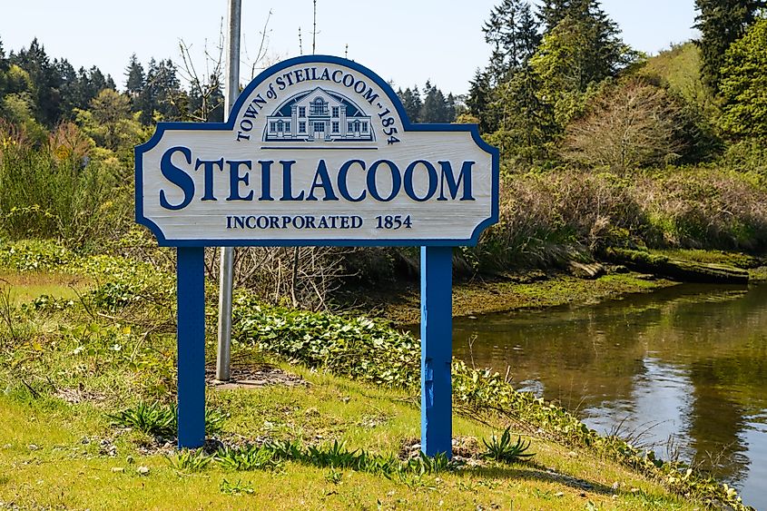 Signpost for the town of Steilacoom, Washington, incorporated in 1854.