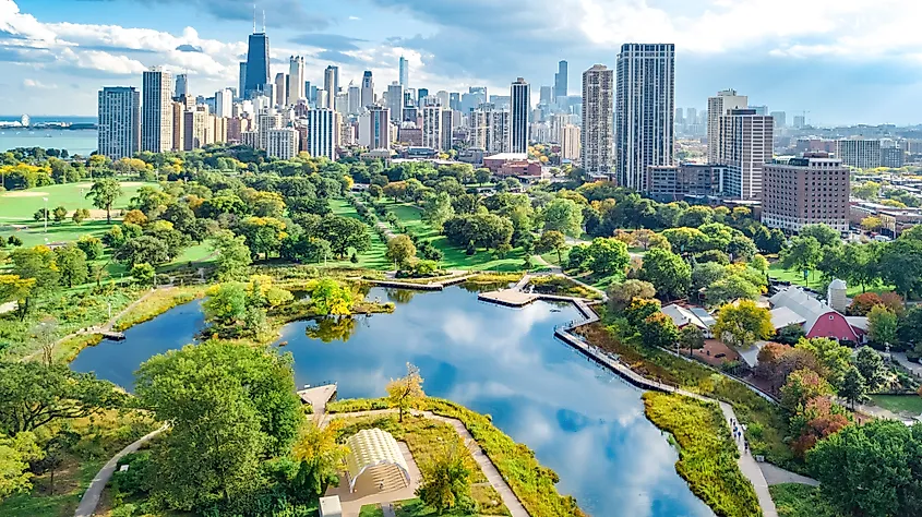 Chicago skyline aerial drone view from above, lake Michigan and city of Chicago downtown skyscrapers cityscape bird's view from park, Illinois