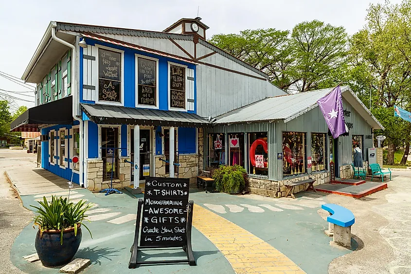 Storefronts along the streets of Wimberley, Texas.