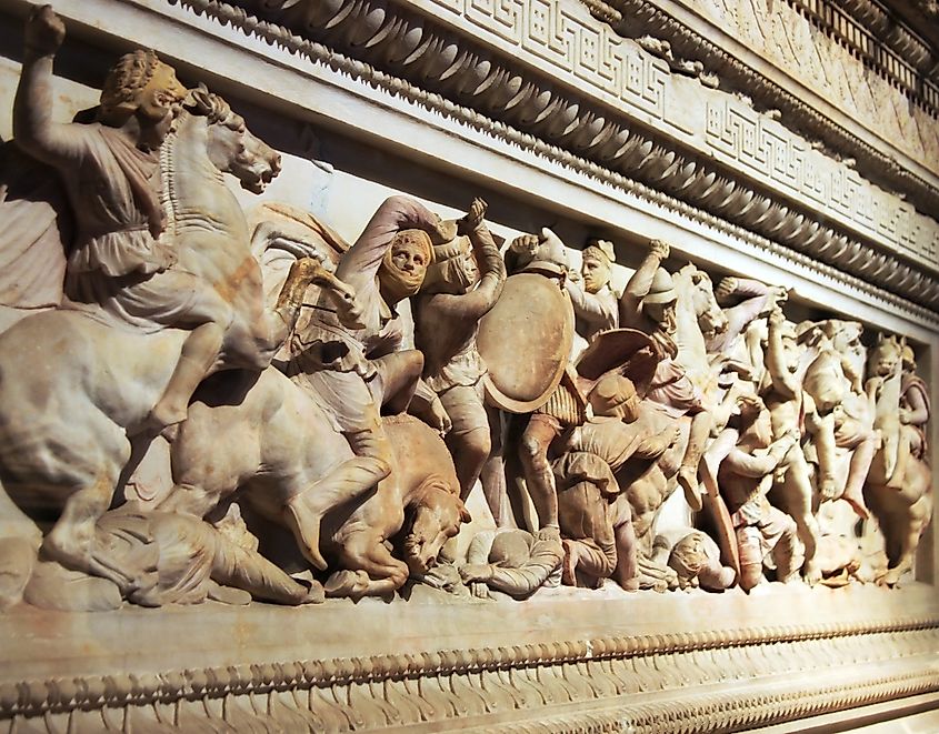 The ancient sarcophagus shows the formidable Macedoninan army fighting a battle.