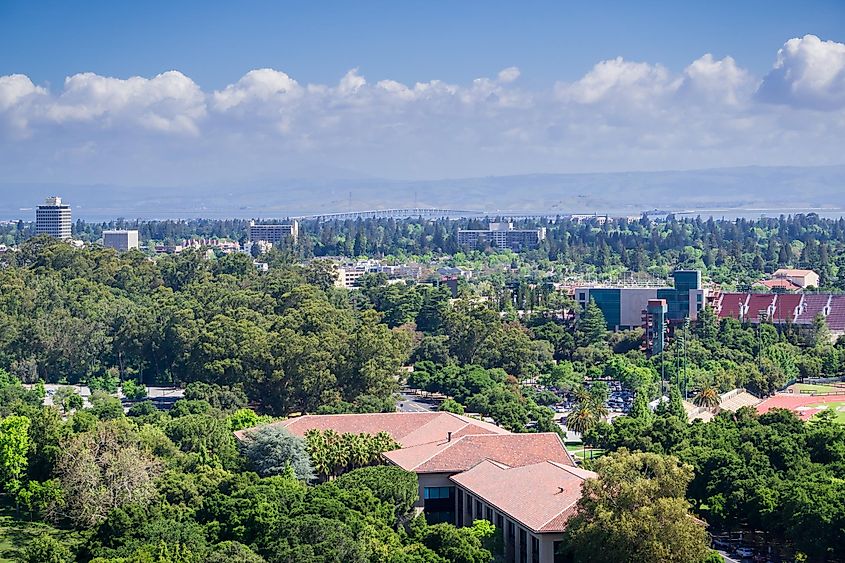 View towards Stanford campus, Palo Alto and Menlo Park, Dumbarton bridge and San Francisco bay