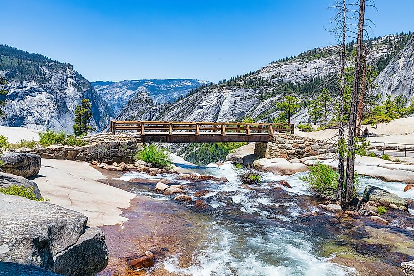 Aerial view of Nevada Fall waterfall on Merced River from Mist trail in Yosemite National Park.