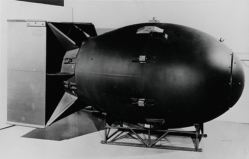 The first nuclear weapons were gravity bombs, such as this "Fat Man" weapon dropped on Nagasaki, Japan.