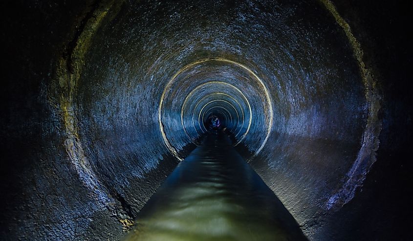 Dark underground sewer round concrete tunnel. Industrial wastewater and urban sewage flowing throw sewer pipe.