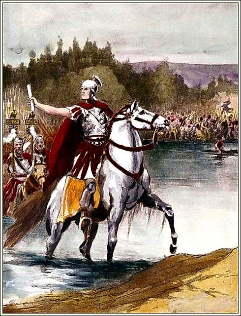 An idealized illustration of the Crossing of the Rubicon by Julius Caesar. Illustration by: Jacob Abbott.