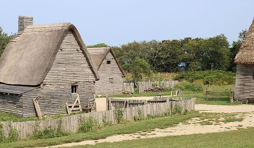 The replica colonial homes and village from the 1600s at Plimoth Patuxet Museums