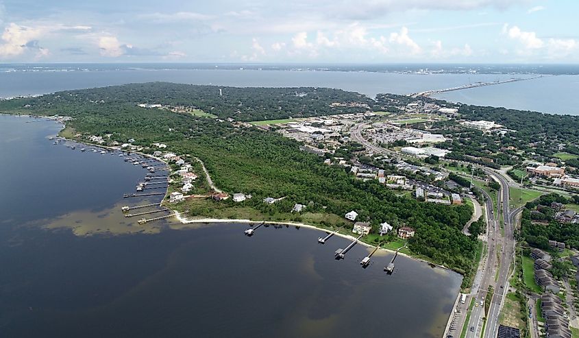 You can see the whole town of Gulf Breeze in the view with a bridge in the far off distance