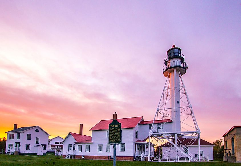 Beautiful sunset at the Whitefish Point Lighthouse on the coast of Lake Superior in Michigan's Upper Peninsula