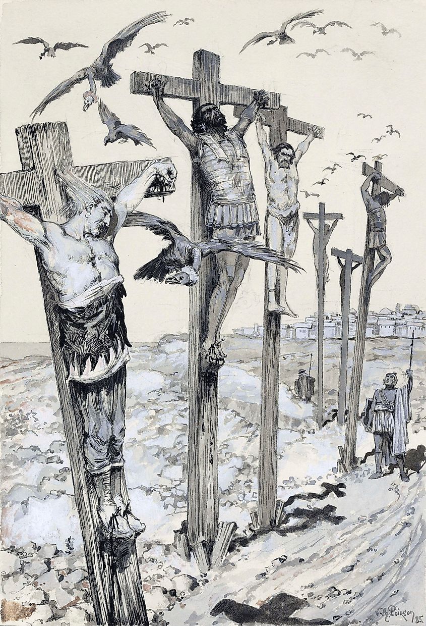 A 19-century depiction of the crucifixion of Spendius and other rebel leaders by the Carthaginians after the Battle of the Saw in 238 BCE