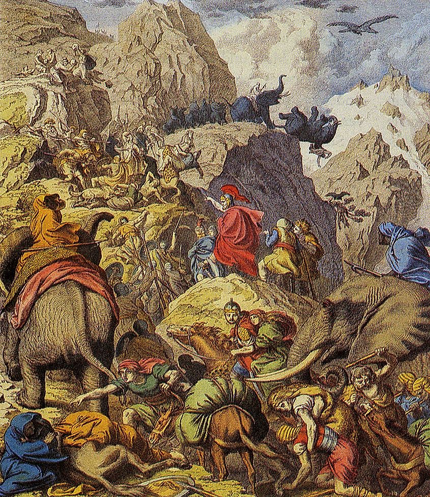 Hannibal's crossing of the Alps, colored woodcut by Heinrich Leutemann, 19th century, from Münchener Bilderbogen.