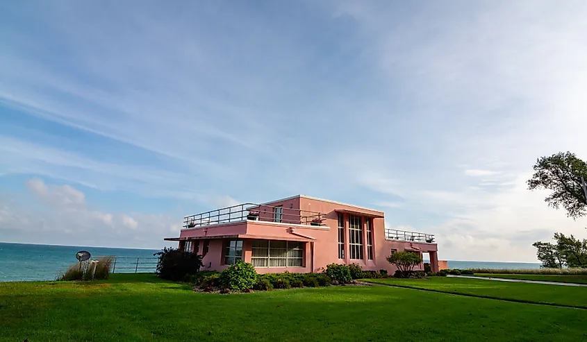 Historic 1933 Chicago World's Fair Century of Progress home on a beautiful Summer morning, Beverly Shores, Indiana.