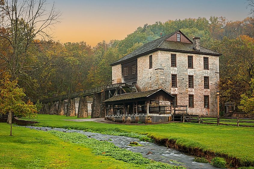 Old historical mill house at Spring Mill State Park in Indiana.
