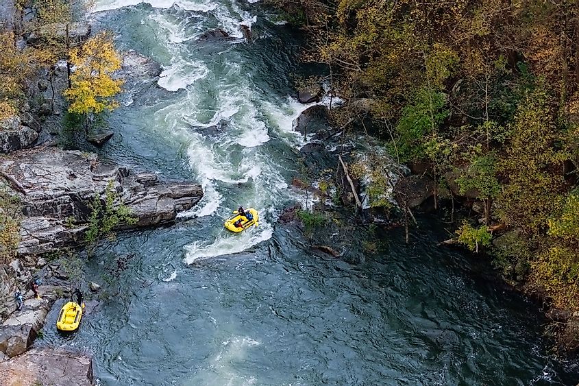 Whitewater rafters on the Tallulah River during the autumn water release at the Tallulah Gorge State Park