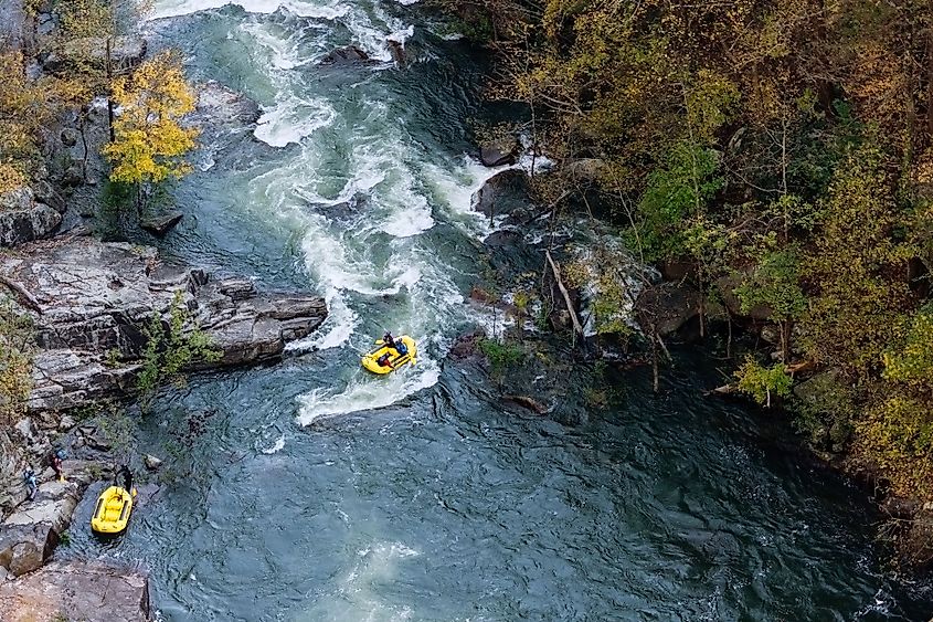 Whitewater rafters on the Tallulah River during the autumn water release at the Tallulah Gorge State Park