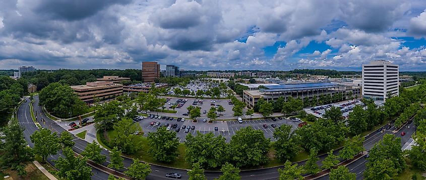 Aerial panorama of Columbia Town Center in Maryland with office buildings and the Columbia Mall