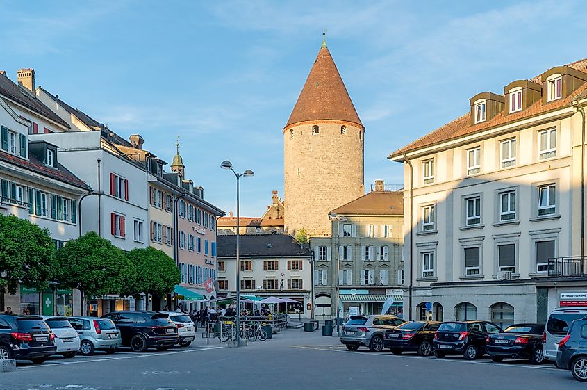 The historic city center in the Swiss village of Bulle, Fribourg