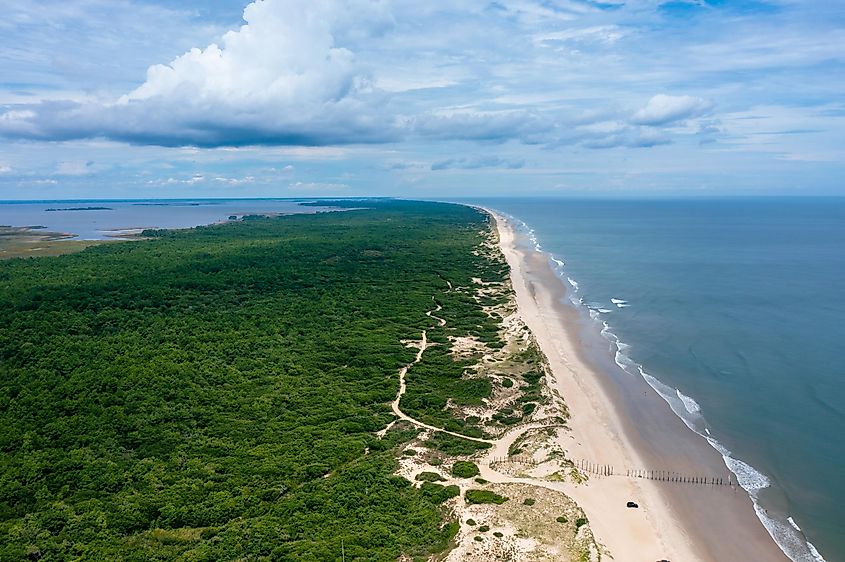 Virginia Beach Virginia - August 11 2022: Aerial View of False Cape State Park and Bay Bay National Wildlife Refuge in Virginia Beach.