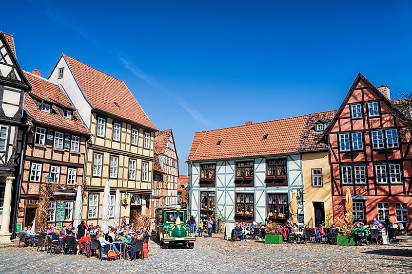 Quedlinburg's well-preserved half-timbered houses around the market square below the castle hill.