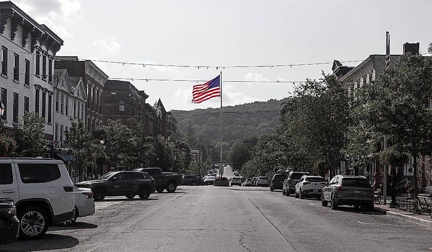 Cooperstown, New York, 4th of July, American flag and downtown street.