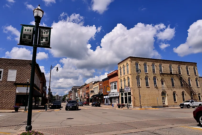 Buildings on North Pine Street in Burlington, Wisconsin.