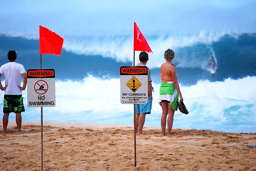 North Shore, Oahu, Hawaii. Warning signs at Pipeline Beach.