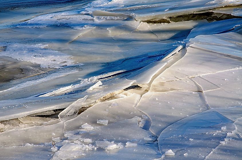 Frozen sections of the Dneiper River in winter.