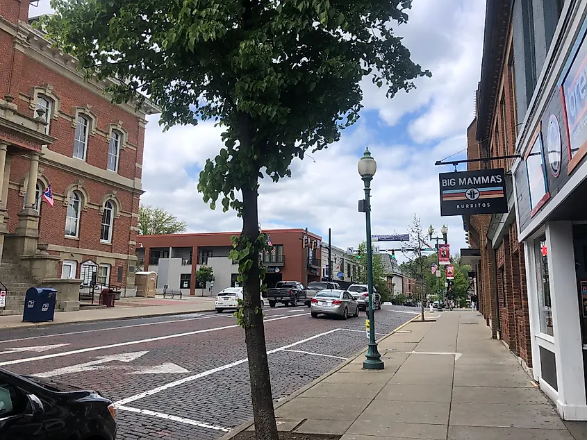 Downtown Athens, Ohio's vibrant Court Street, bustling near Ohio University.