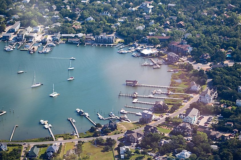 An aerial view of Ocracoke Island Harbor in North Carolina.