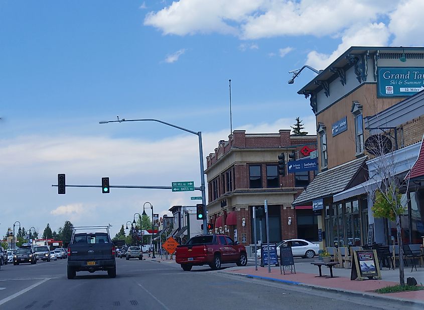 Street view with quaint buildings and cars traveling in Driggs, Idaho. Editorial credit: RaksyBH / Shutterstock.com