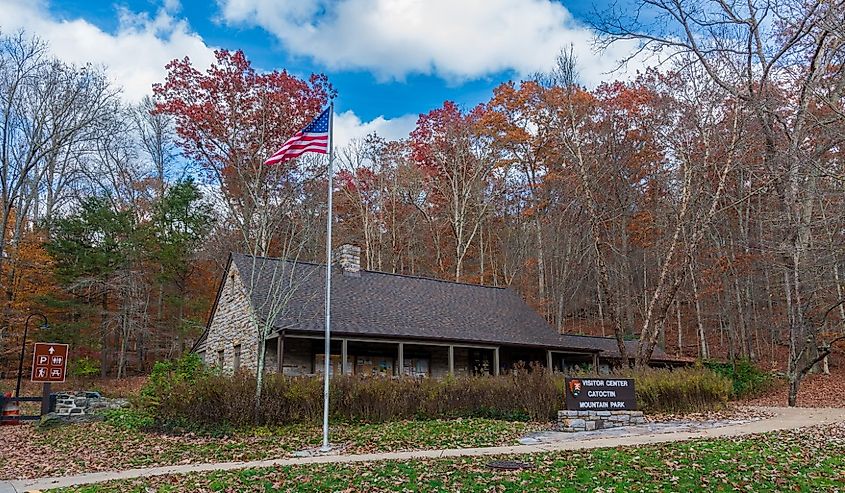 Thurmont, Maryland, the visitor center for Catoctin Mountain Park on an autumn afternoon with the American flag.