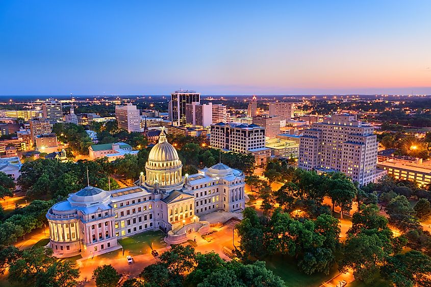 Jackson, Mississippi, USA cityscape at dusk.