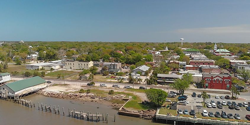 Aerial view of the coastline of Fernandina Beach, Amelia Island, Florida. 