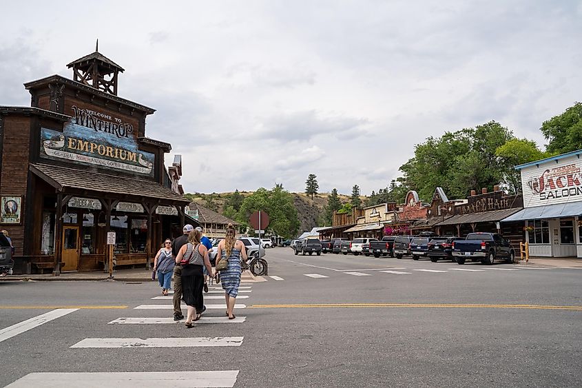 A street view of downtown Winthrop, a small Wild West-themed town in Washington.