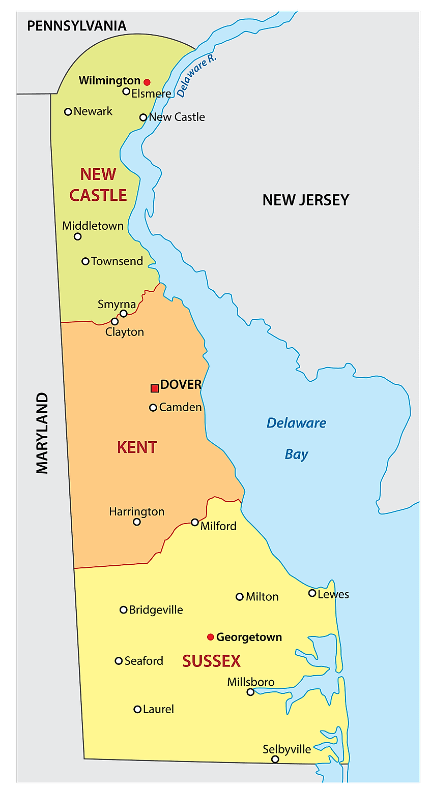 Map of the three counties of Delaware, showing the arc of the Twelve-Mile Circle at the northern end of New Castle County.