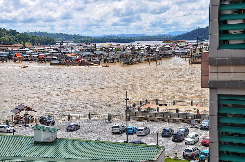 Brunei's capital, Bandar Seri Begawan, on the banks of the Brunei River that feeds the Brunei Bay.