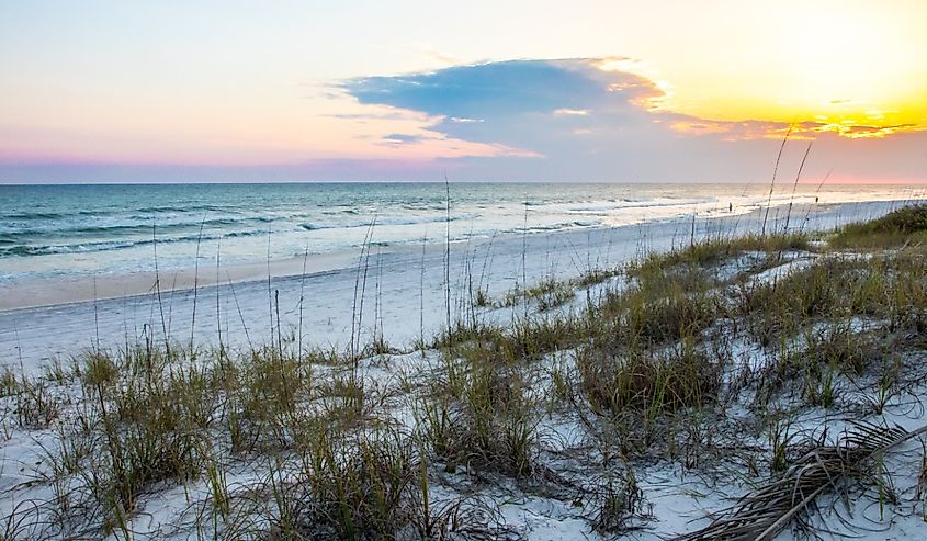 Sunset from the sandy and grassy beach of Inlet Beach Florida