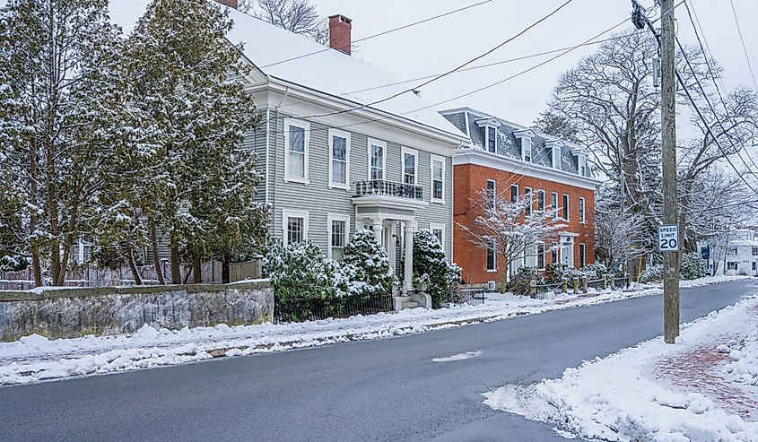 Old houses in Portsmouth, New Hampshire, with snow