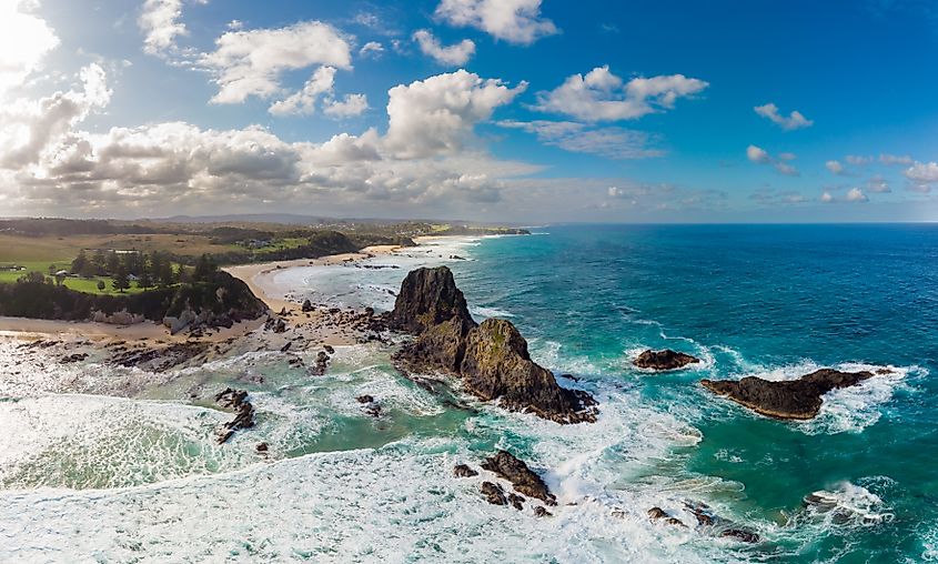 An aerial shot in late summer afternoon of Glasshouse Rocks Beach near Narooma, NSW.