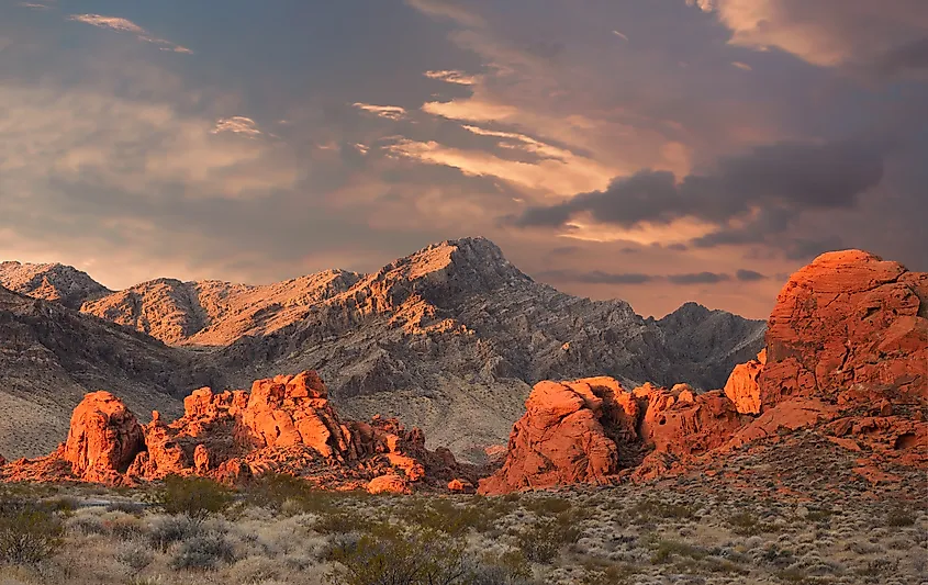 Panorama of a Mountain Sunrise at the Valley of Fire State Park, Nevada.