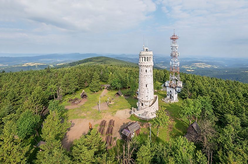 Aerial view of Wielka Sowa (Great Owl) - highest peak of the Owl Mountains in Central Sudetes, Poland