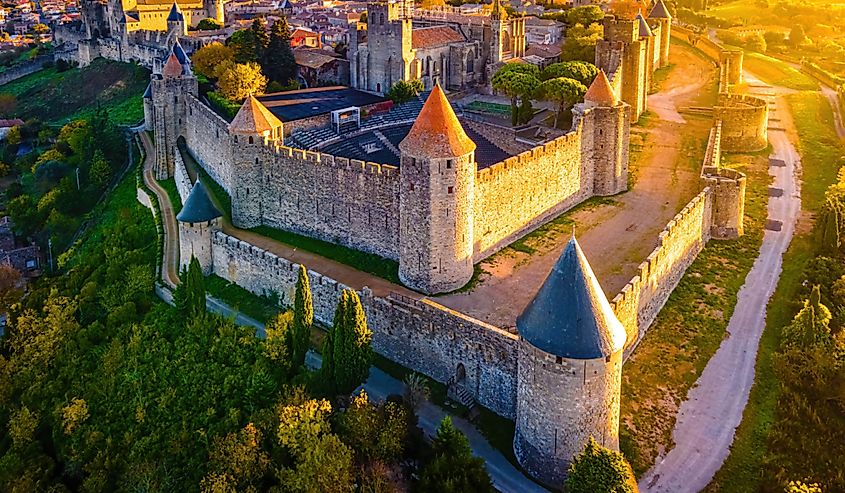 Aerial view of Carcassonne, a French fortified city in the department of Aude, in the region of Occitanie, in France