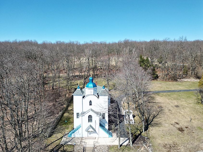Ariel photo of a historic church in Centralia, Pennsylvania.