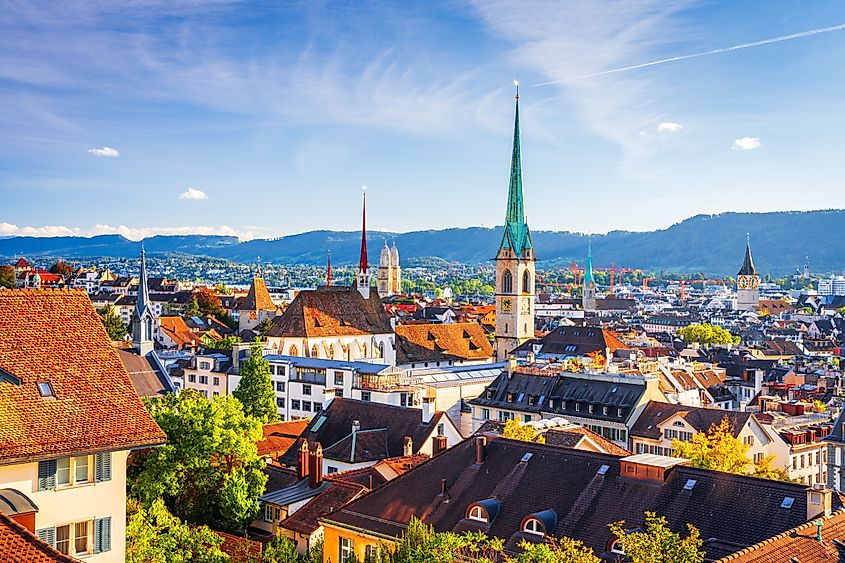 Zurich, Switzerland cityscape with church steeples in the afternoon.