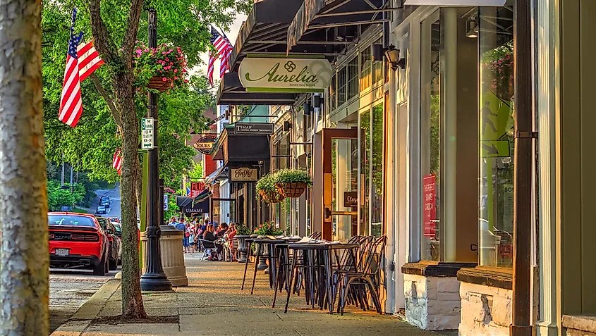 Chagrin Falls, Ohio: Summer Late Afternoon Warm Sunny Scene of Sidewalk and Shops on Main Street in the Business District of Historical Downtown Chagrin Falls, Ohio