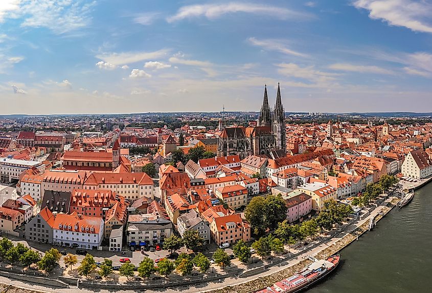 Regensburg's Old Stone Bridge crossing the Danube to the old town and cathedral.